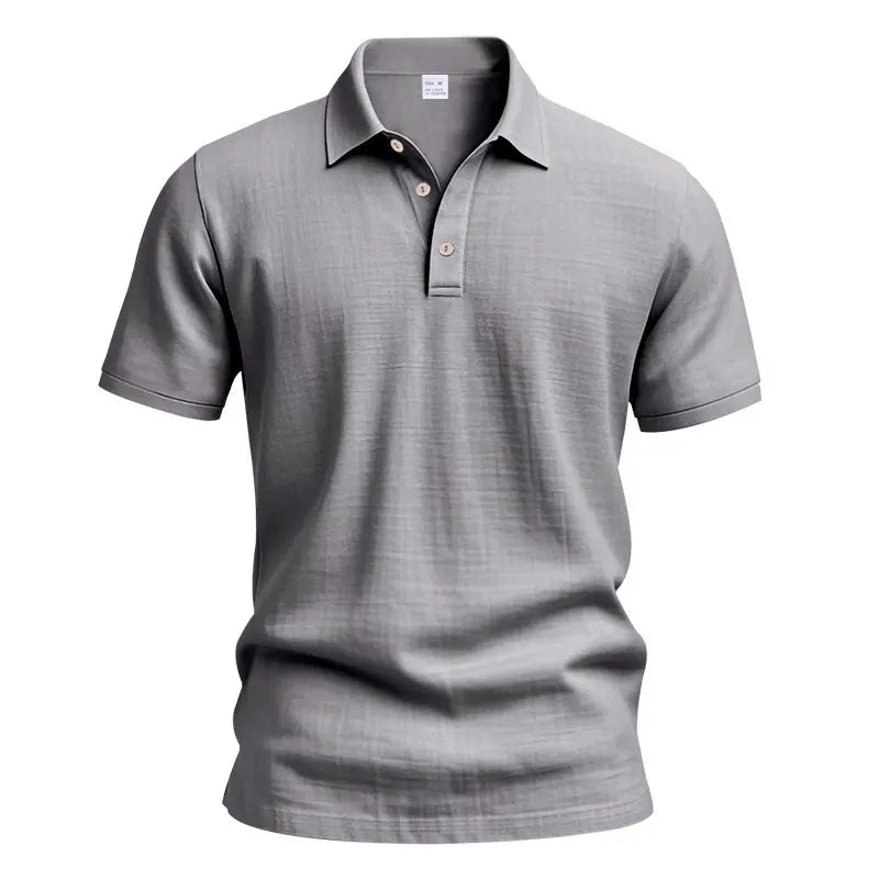 Men’s summer washable crinkled linen polo shirt with classic lapel and three-button placket, relaxed drop-shoulder fit; lightweight and breathable—ideal for seaside/beach, commuting, and casual wear.