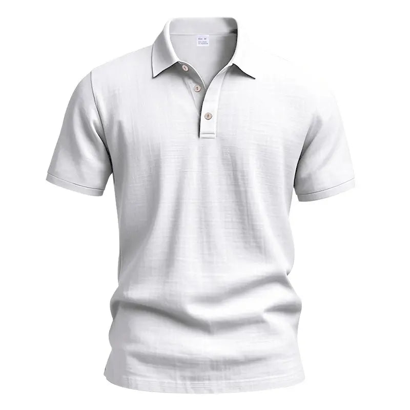 Men’s summer washable crinkled linen polo shirt with classic lapel and three-button placket, relaxed drop-shoulder fit; lightweight and breathable—ideal for seaside/beach, commuting, and casual wear.