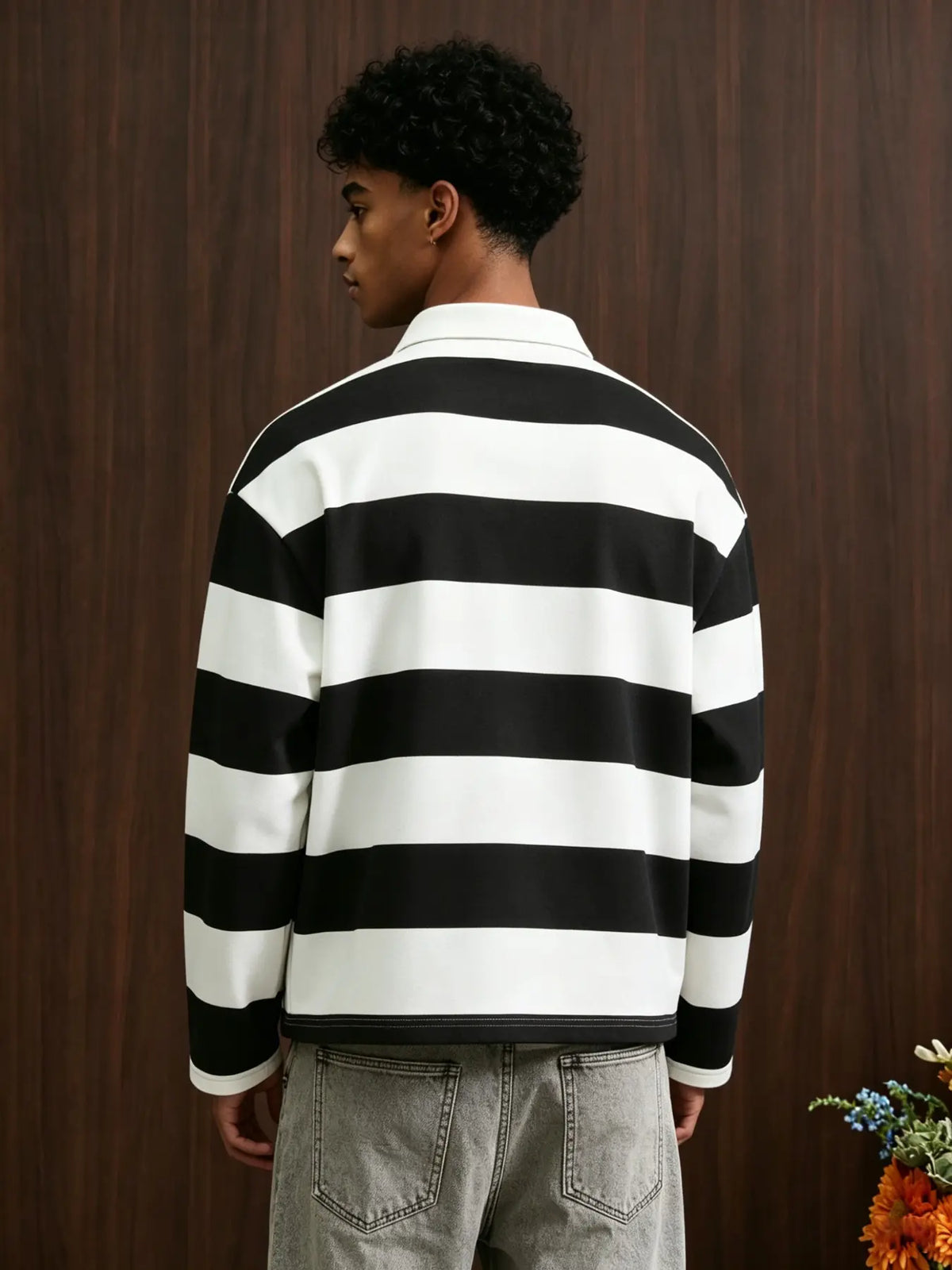 Men's Black and White Wide Stripe Striped Long Sleeve Oversize Loose Collared Polo Shirt, Retro Button-Down Collar for Urban Street Style Streetwear and Daily Casual Outfits