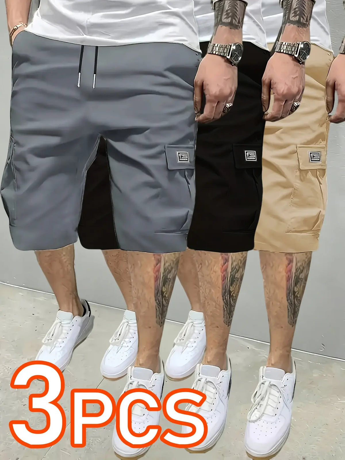 3 pieces 3counts 3pcs Men's Summer Casual Outdoor Shorts, Wear-Resistant Workwear Pants, Plain Color Cargo Shorts with Multiple Pockets, Elastic Waist