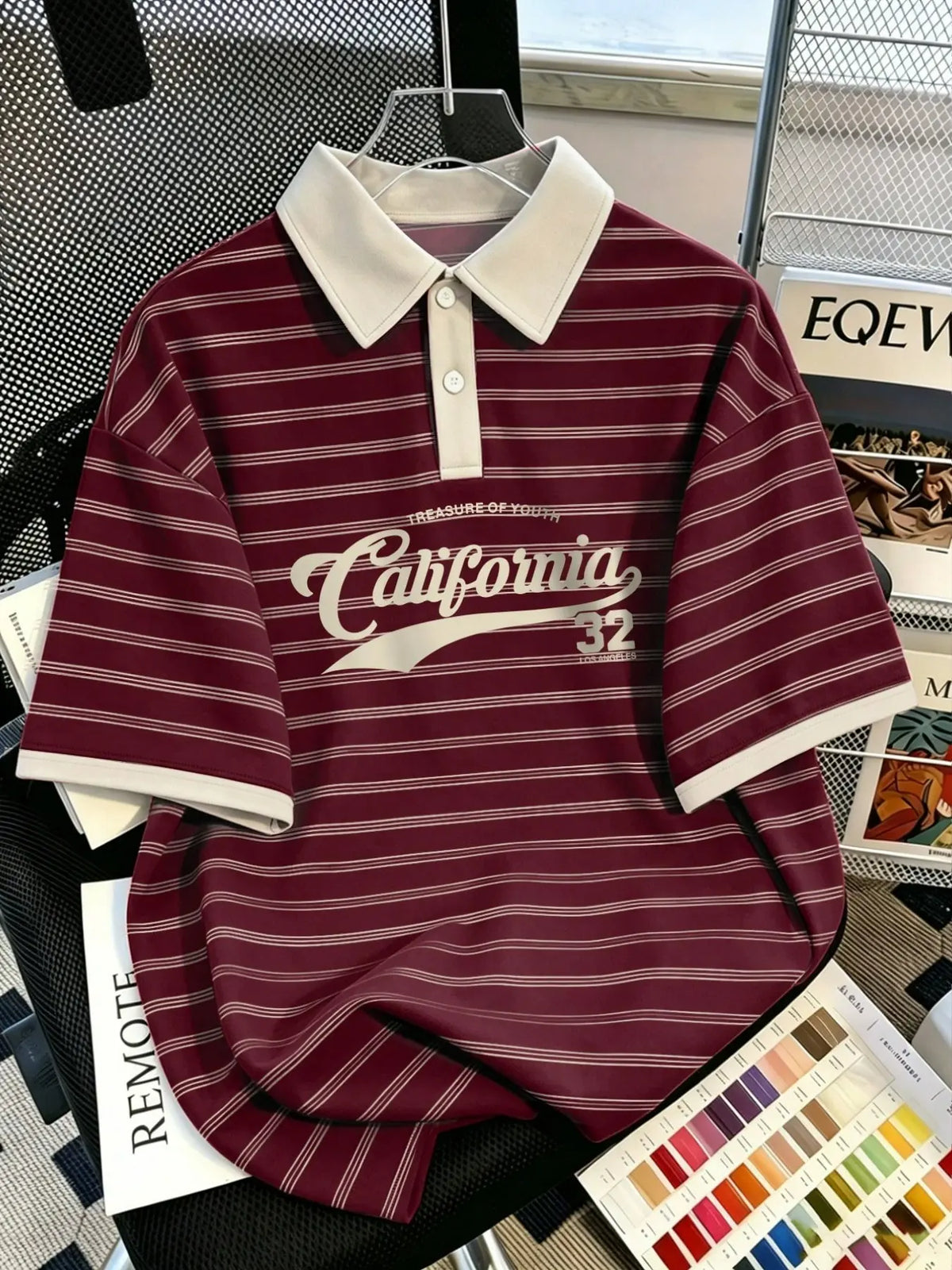 Men's Classic Horizontal Striped Contrast Collar Printed Collared Polo Shirts, Vintage California Letter Print Short Sleeve Casual Preppy Tops, Loose Fit Summer Basic Tee