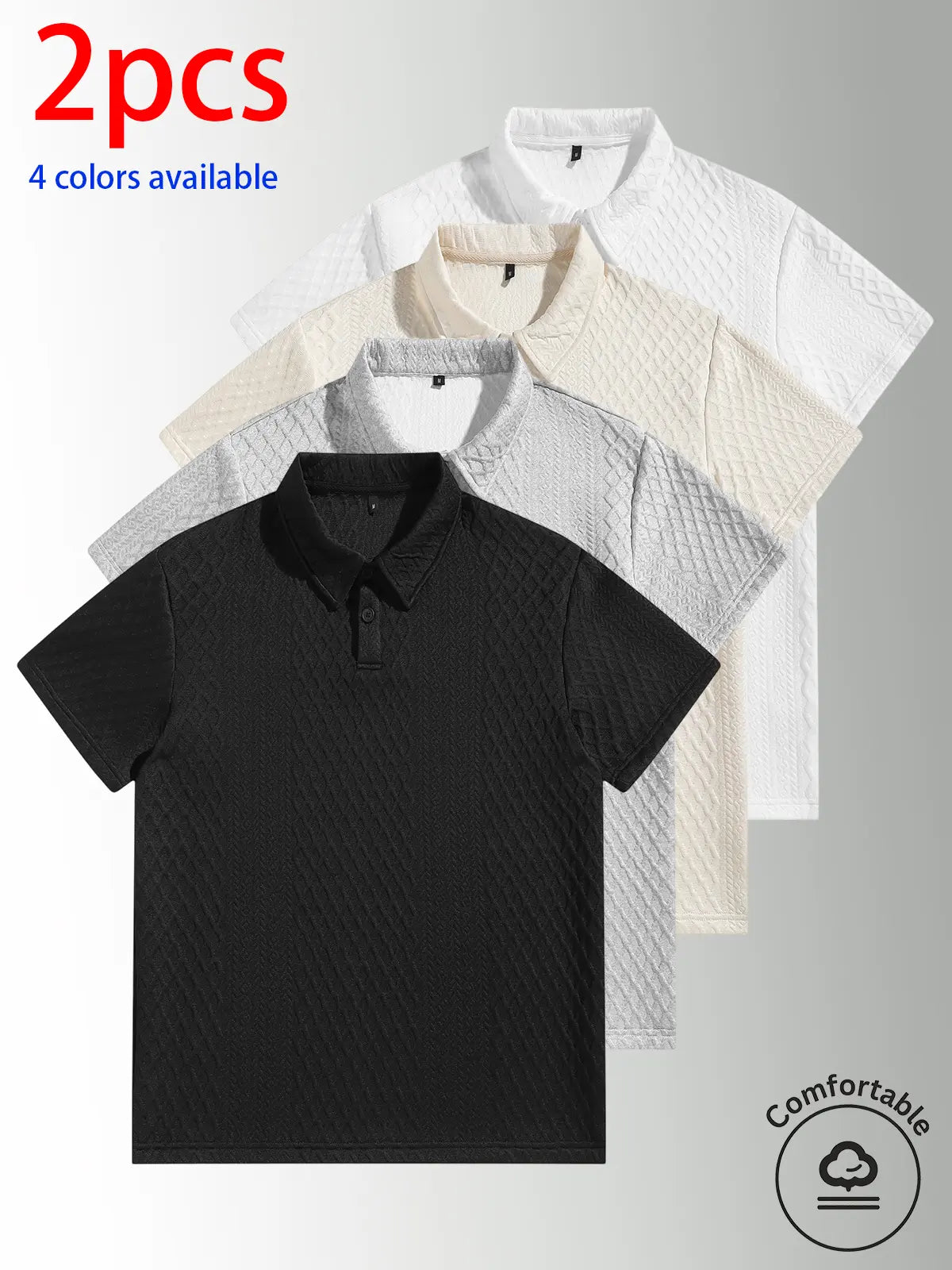 2-pack men’s short-sleeve polo shirts, men’s summer short-sleeve shirts. Men’s diamond jacquard bubble polo shirt, loose fit, no-fit style, solid color turn-down collar short sleeves, skin-friendly, breathable, comfortable, versatile. Suitable for everyda