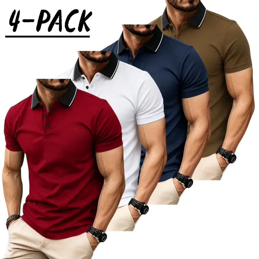 Men’s short sleeve polo shirt set of four pieces with a turn down collar and three buttons; urban casual style with contrast piping at the collar, slim tailored shoulders, and refined bead detailing. Suitable for men’s commuting, shopping, and exploring s