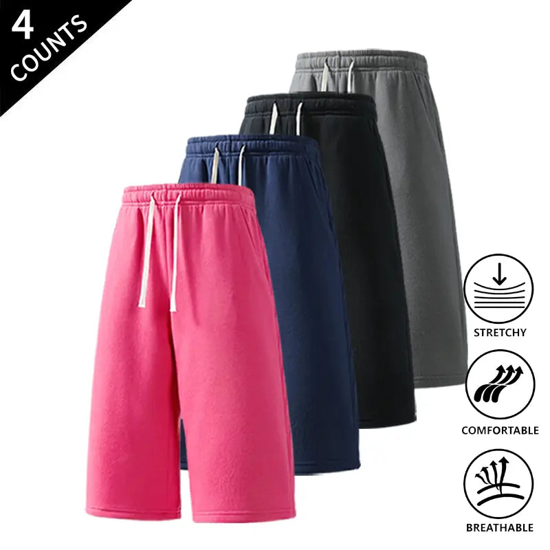 Men's Plain Stretchy Mid-Calf Cropped Pants 4-Pack - Menswear Sports Clothes for Casual, Outdoor Use - Available in Light Gray + Black + Rose Red + Navy Blue
