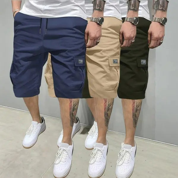 Men's 3-Piece Plain Streetwear Utility Outfits - Hoodie, Multi-Pocket Design Lightweight Mid-Rise Utility Men's Shorts, Comfortable Stylish Outdoor Clothes, Suitable for Everyday Casual & Sports Wear, Beige, Multi-Pocket Design Men's Shorts