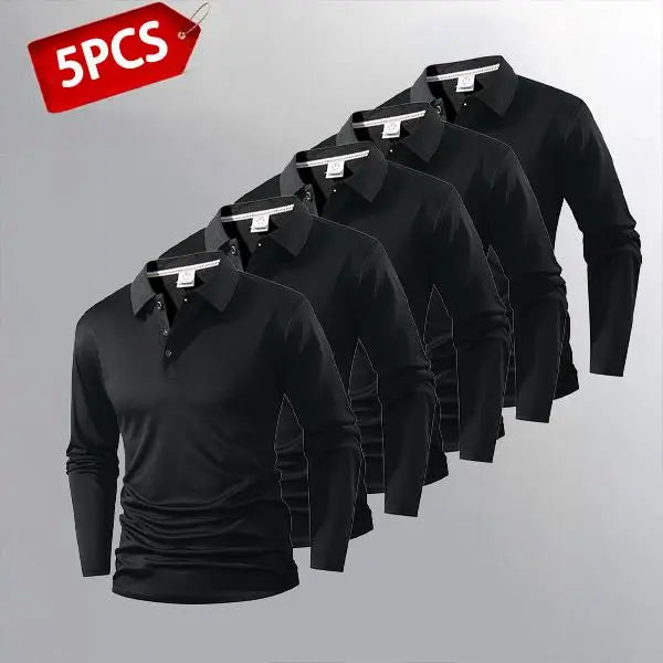 Men's Lightweight 5-Pack Long Sleeve Polo Shirts - Moisture-Wicking, Quick-Drying, Breathable Plain Sports Tops for Work, Golf,sohochic