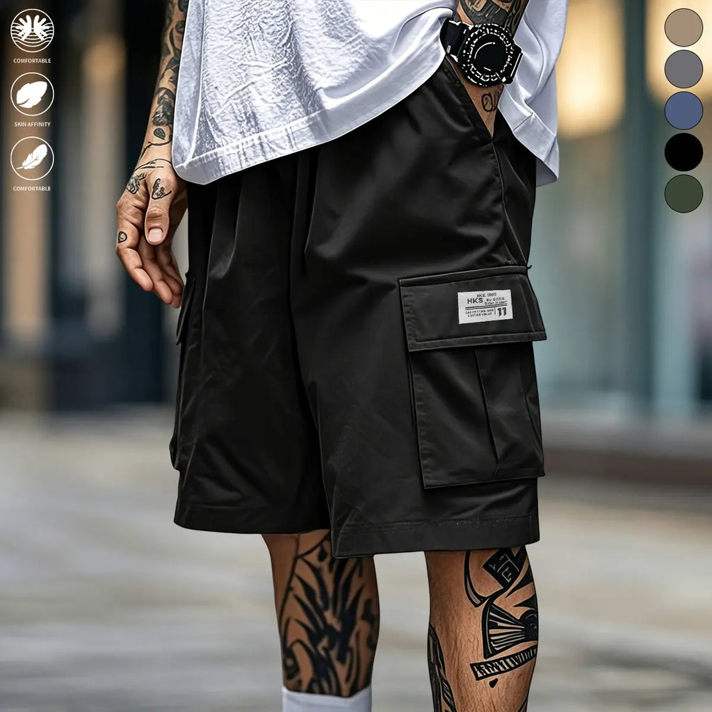 Men's 3-Piece Polyester Menswear Set: Loose-Fit Drawstring Pocketed Cargo Shorts, Mid Waist Regular-Leg Straight Outdoor Work Pants (Machine Washable) for Outdoor Activities, Casual Wear | Black + Gray + Army Green, Multi-Size Summer Bottoms