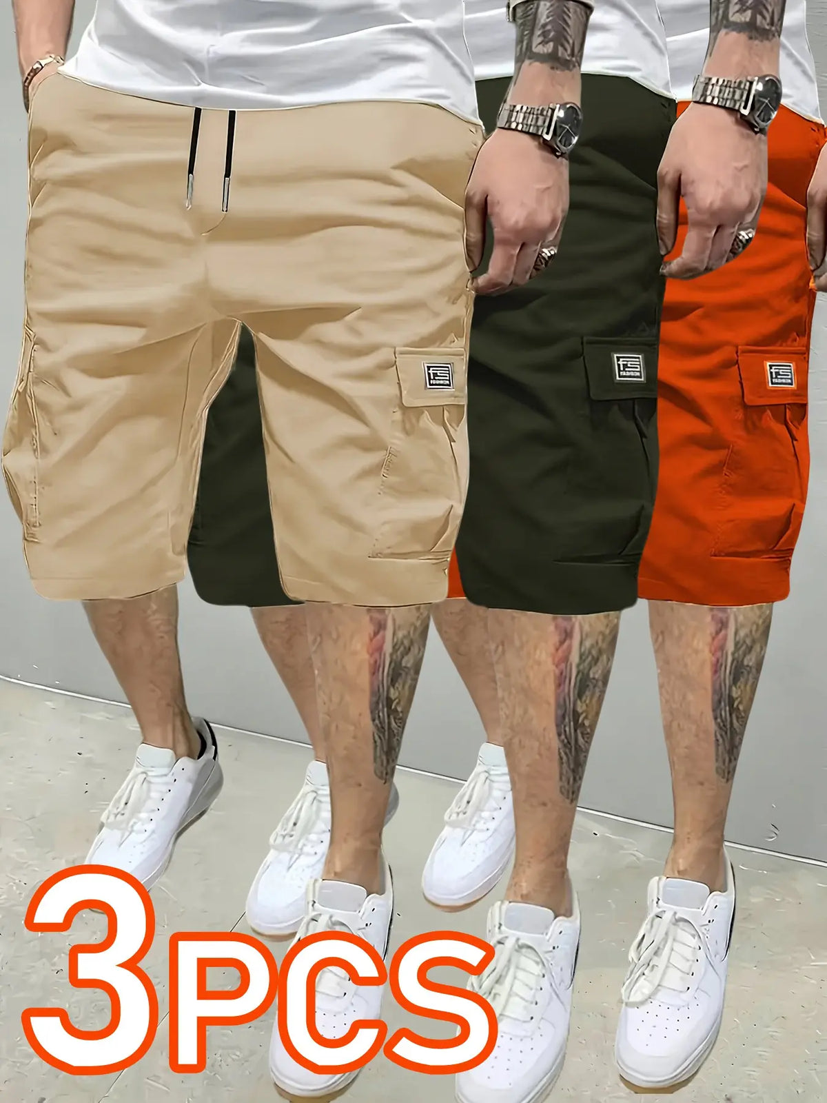 3 pieces 3counts 3pcs Men's Summer Casual Outdoor Shorts, Wear-Resistant Workwear Pants, Plain Color Cargo Shorts with Multiple Pockets, Elastic Waist