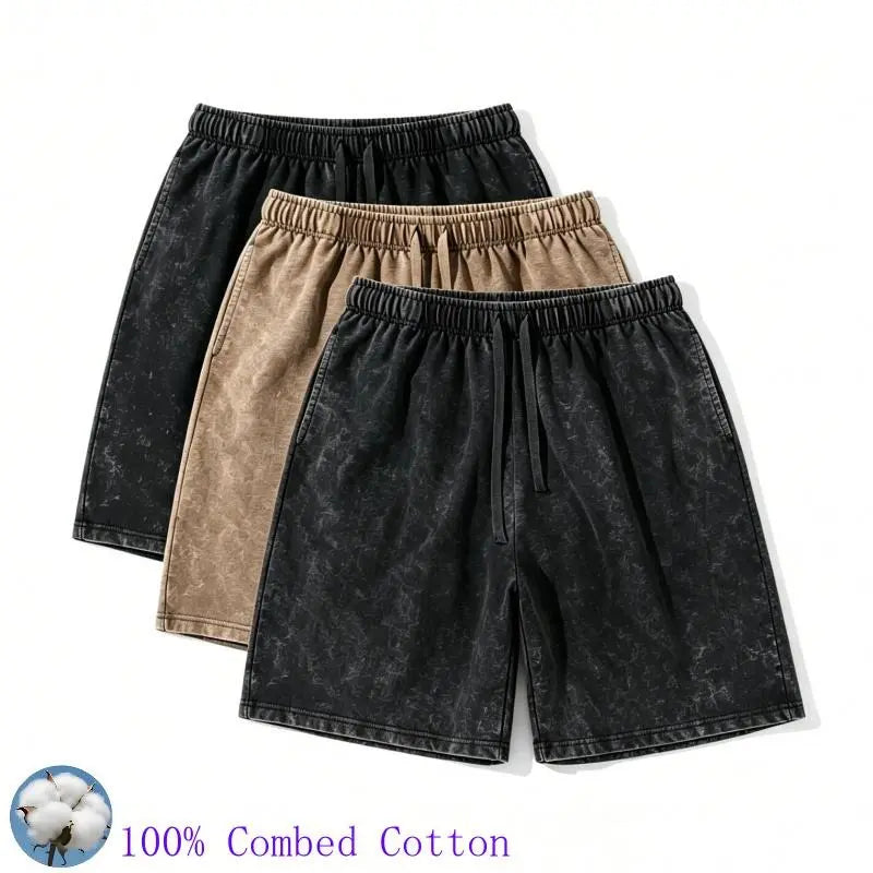 Men's 100% Combed Cotton Washed Drawstring Beach Shorts - Above-the-Knee, Elastic Waist, Loose Fit, Breathable Comfy Fabric, Side Pockets, Summer Casual Wear, S-3XL