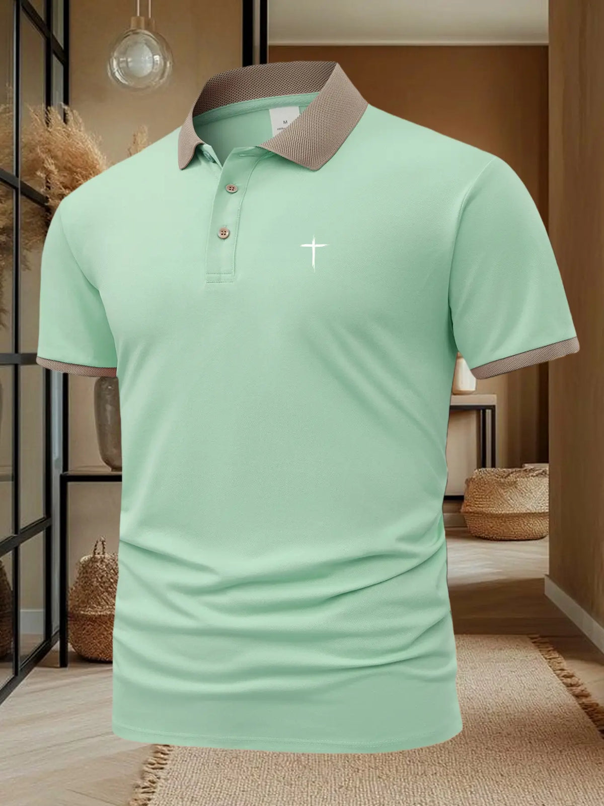 Men's Cross Print Casual Classic Short Sleeve Polo Shirt, Summer Fashion Breathable Top, Stylish Leisure Wear, Perfect Gift Idea