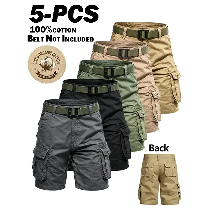 5-Piece Set Men's Vintage Organic Cotton Cargo Shorts - Mid Waist, Straight Knee Chino Bottoms, Loose Fit, Breathable, Soft, Multiple Pockets - Casual Pants for Camping&Hiking, Outdoor, Daily Wear - Light Solid Color Male Streetwear