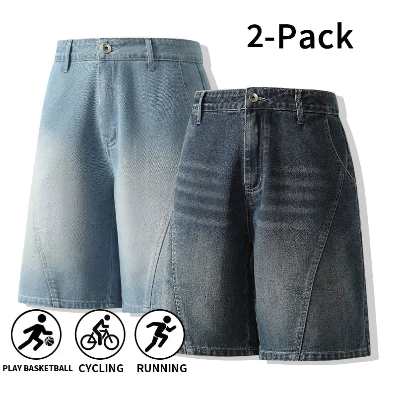 Men's 3-Pack Washed Denim Bermuda Shorts Outfits Set - Loose-Fit, Breezy Cut, Knee-Length, Breathable, Machine Wash, Sporty Casual for Outdoor, Everyday Wear