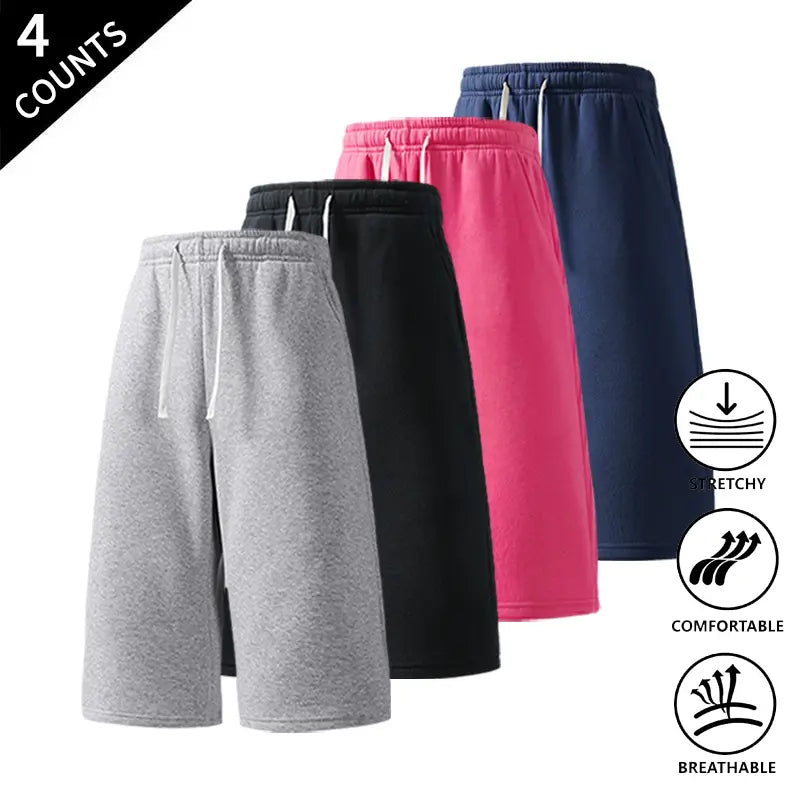 Men's Plain Stretchy Mid-Calf Cropped Pants 4-Pack - Menswear Sports Clothes for Casual, Outdoor Use - Available in Light Gray + Black + Rose Red + Navy Blue