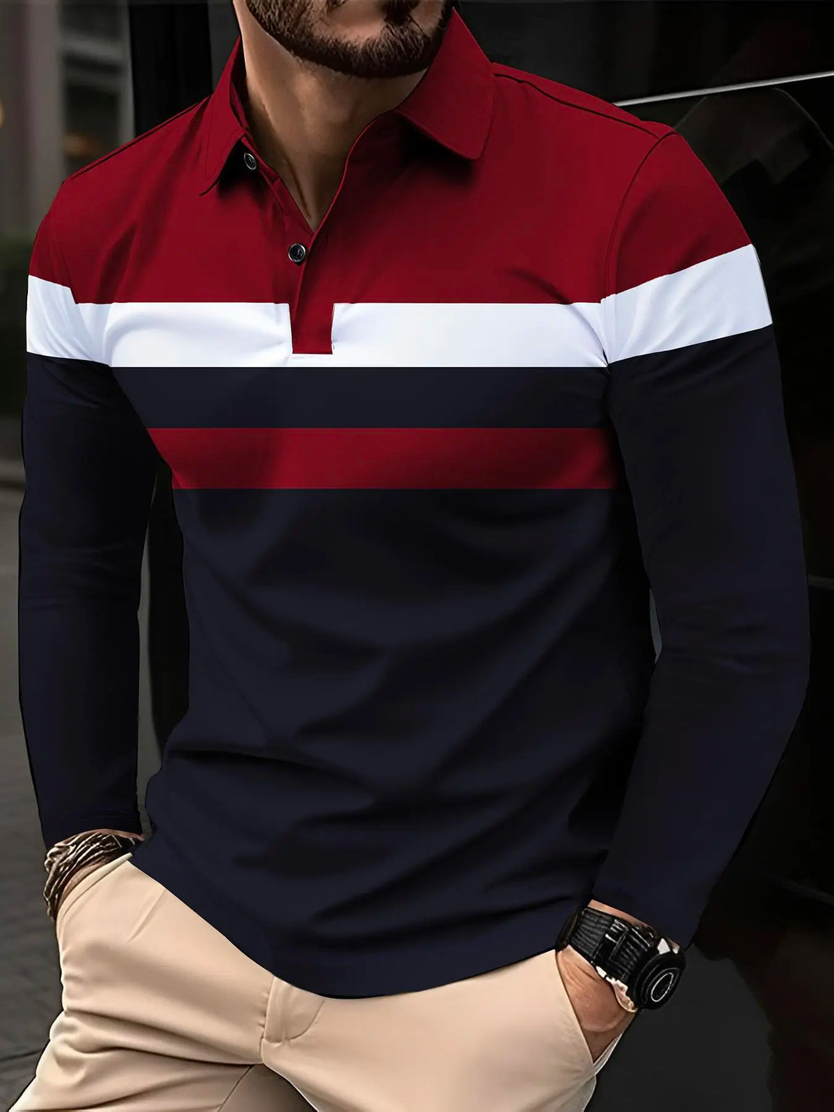 Men's Patchwork Print Long Sleeve Polo Shirt, Polo Style Regular Fit Casual Button Front Collared Top for Fall & Winter, Men's Clothes for Daily Wear, Fabric, Menswear, Casual Polo Shirts, Buttoned Polo Shirt