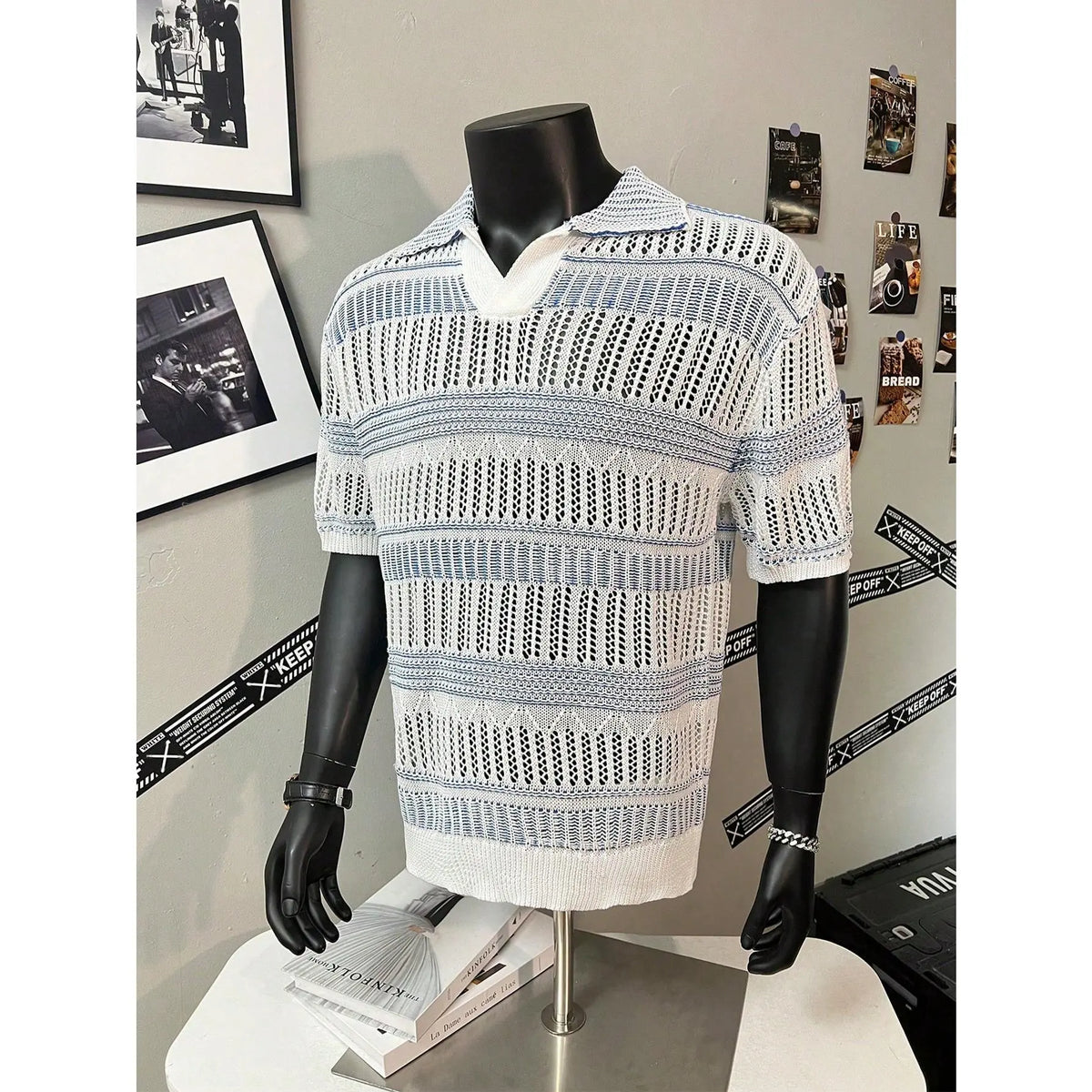 Men's Collared Striped Polo Shirt - Hollow Knit Fabric, Lightweight Short-Sleeve Relaxed-Fit Top with Button Closure for Summer Golf, Office