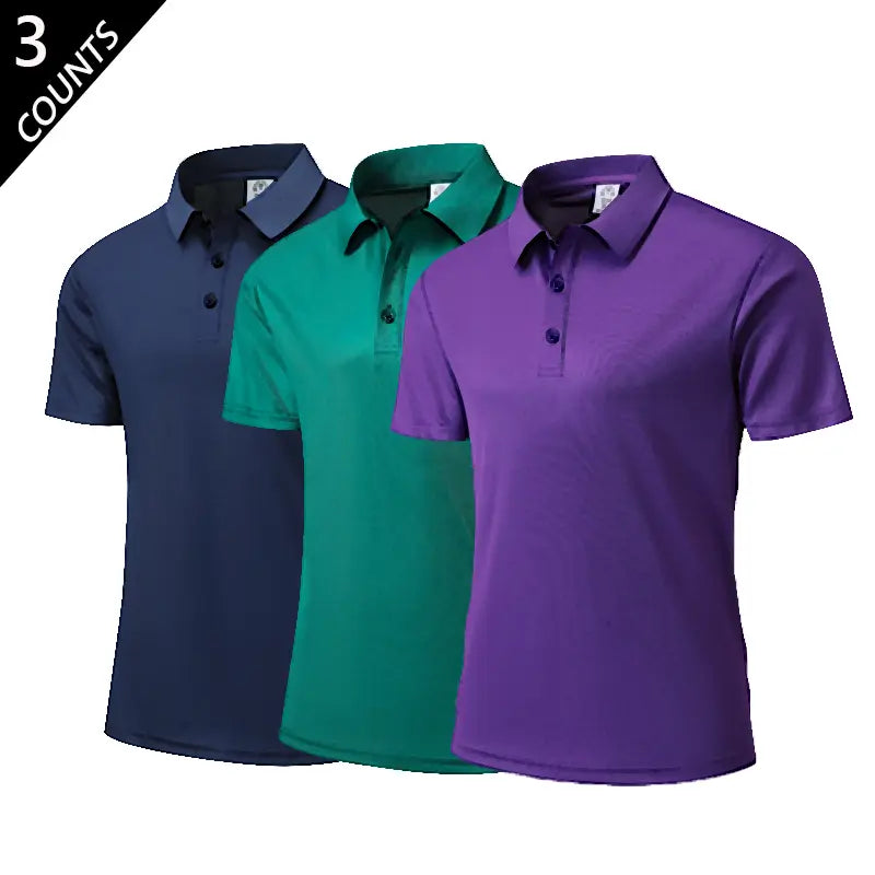 Men's 3-Pack Plain Polo Shirts - Fitted Top with Soft Breathable 100% Polyester Fabric, Short Sleeves, Classic Collar, Button Front, Ideal for Work, Golf