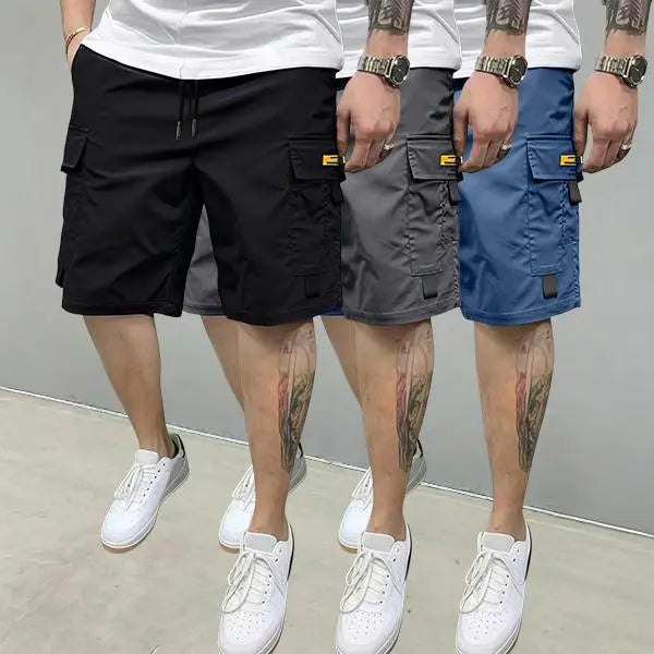 Men's 3-Piece Plain Streetwear Utility Outfits - Hoodie, Multi-Pocket Design Lightweight Mid-Rise Utility Men's Shorts, Comfortable Stylish Outdoor Clothes, Suitable for Everyday Casual & Sports Wear, Beige, Multi-Pocket Design Men's Shorts