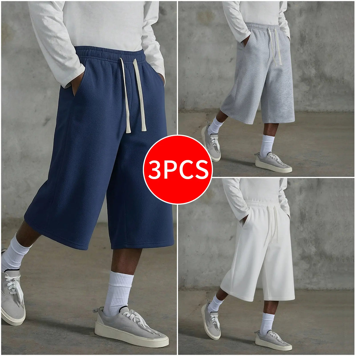 3-pack Men’s casual seven-eighths shorts, summer street style; men’s straight-leg athletic pants; soft, comfortable jogging pants with pockets—suitable for everyday life, work, travel, running, leisure, and outdoor activities.