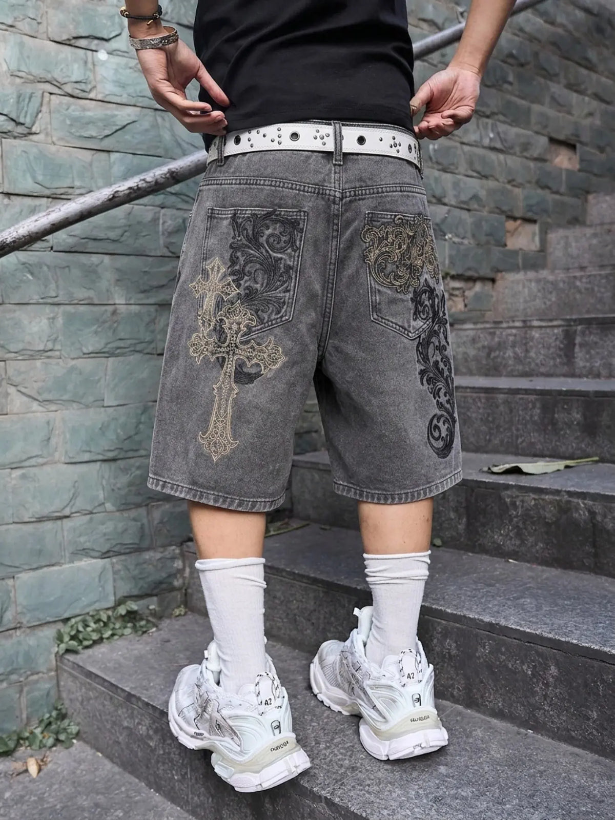 Men's Streetwear Aesthetic Denim Shorts, Casual Loose-Fit Baggy, Breathable Cotton, All-Season Wear, Graphic Pattern, Fashionable Summer Gym Shorts