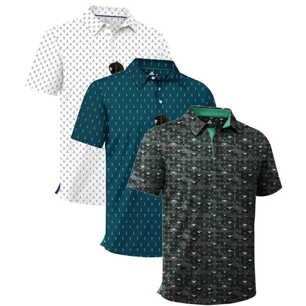 ZITY Men’s 3-Pack Short Sleeve Unique Prints Button Polo Shirts - 4-Way Stretch, Breathable, Moisture Wicking, Cool Touch, UPF 30+ Protection, Casual Outdoors/Party Top - Check Size Chart, Holiday Gifts for Boyfriend