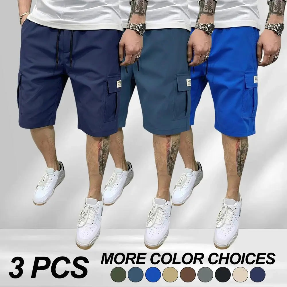 3-piece set of men’s fitted workwear shorts — casual summer drawstring color-blocked shorts that are lightweight and breathable, featuring diagonal insertion and multiple pockets; multifunctional for daily wear, beach, and fitness. Men’s fitted shorts; a