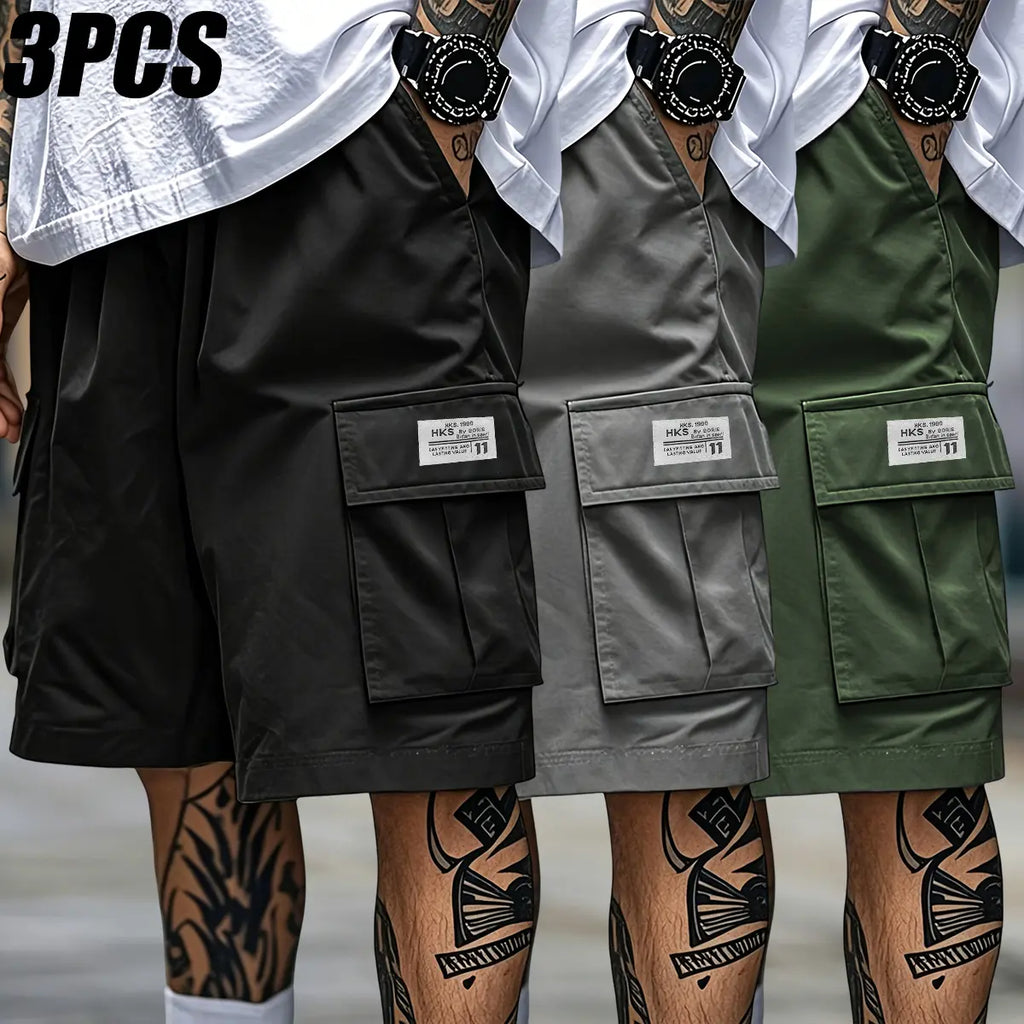Men's 3-Piece Polyester Menswear Set: Loose-Fit Drawstring Pocketed Cargo Shorts, Mid Waist Regular-Leg Straight Outdoor Work Pants (Machine Washable) for Outdoor Activities, Casual Wear | Black + Gray + Army Green, Multi-Size Summer Bottoms