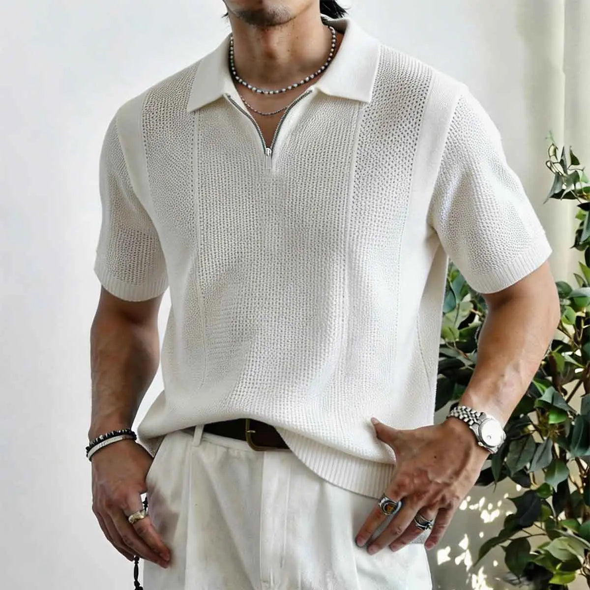 Men's Short-Sleeve Quarter-Zip V-Neck Knitted Polo Shirt - Retro Casual Basic Top, Textured Weave, Breathable Summer Fabric, Ribbed Details, Sleek Metal Zipper, Everyday Active Wear